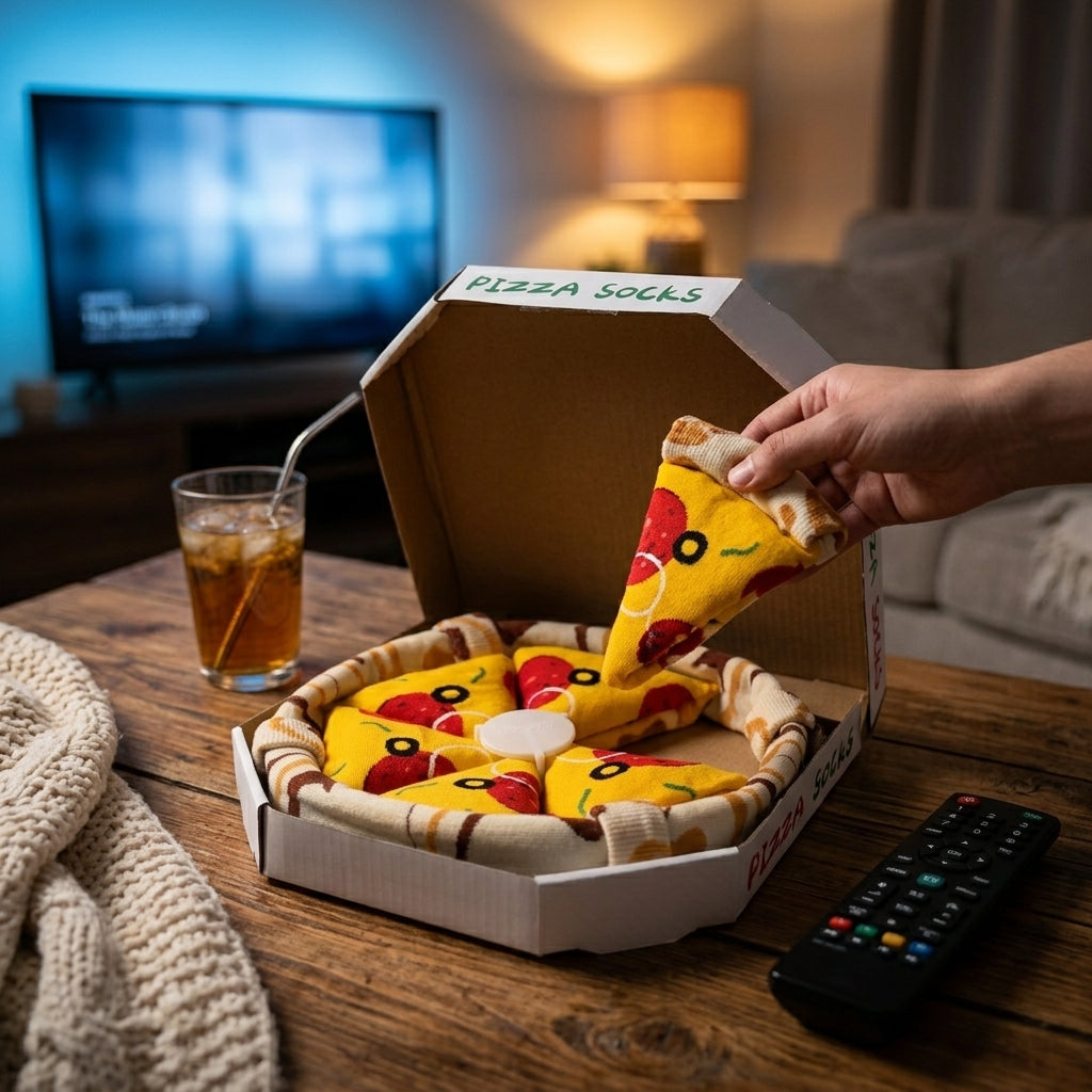 Sacando una porción de calcetín de la caja pizza en el sofá