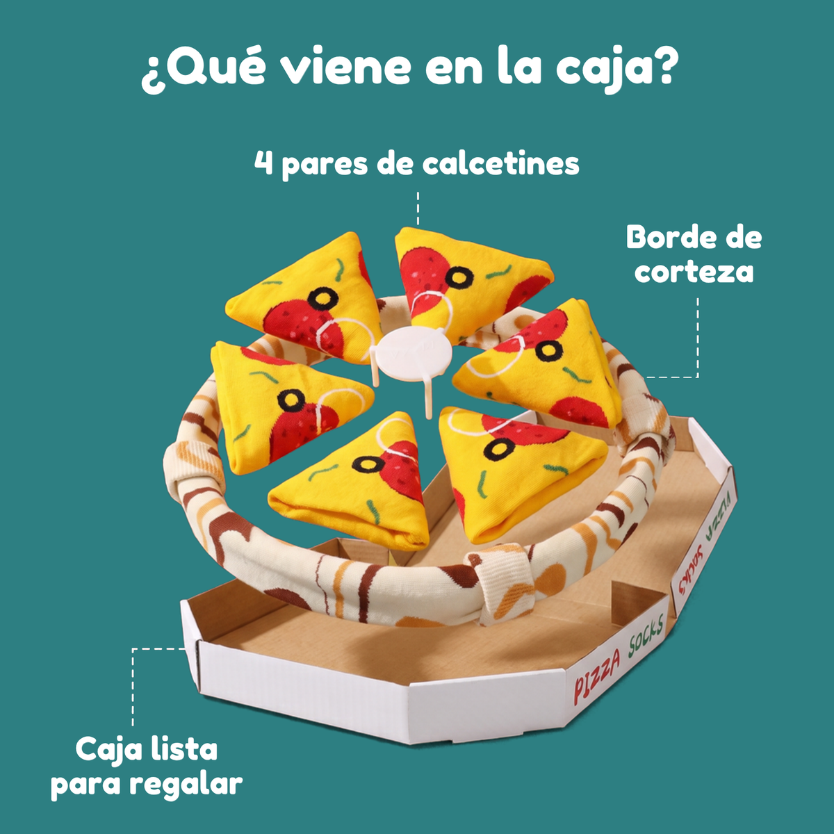 Qué viene en la caja: 4 pares de calcetines, borde y caja de regalo