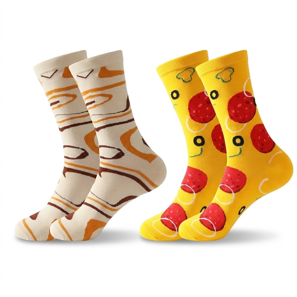 Las medias del set: par de masa y par de porción de pizza desplegados